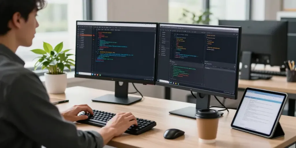 Explore https://gbapps.net/gbwhatsapp-apk-dl/ in a modern tech workspace with a developer coding on dual screens.
